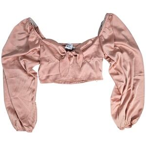 Princess Polly Rosalie Satin Crop Top Long Sleeve Pink Bow Front Smocked Size 10